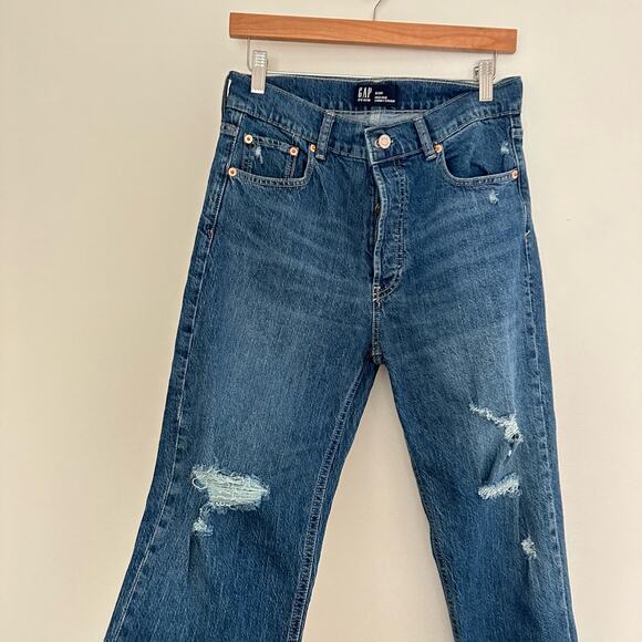 Gap Denim High Rise Cheeky Distressed Button Fly Cuffed Straight Jeans Blue 8 - Picture 5 of 9